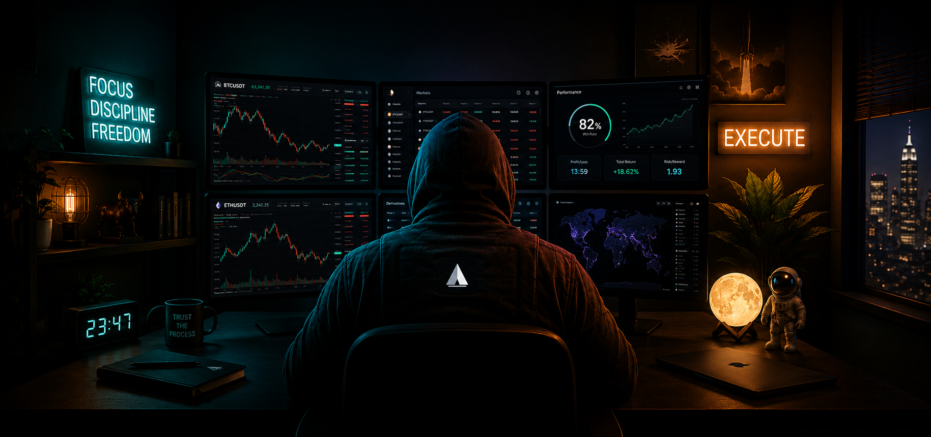 Trader monitoring global financial markets