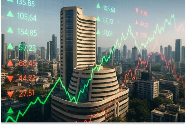 Financial market chart over city buildings