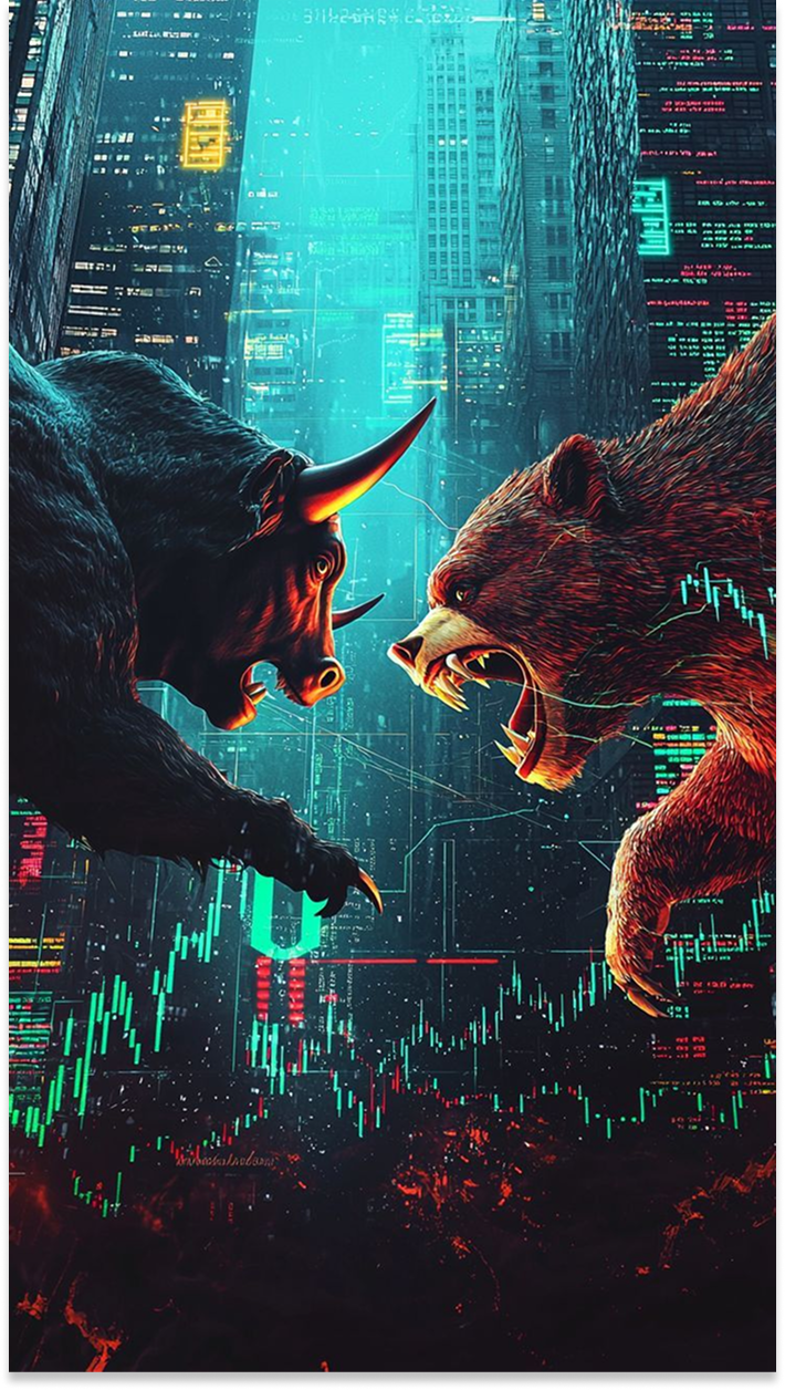 Bull and bear financial market artwork